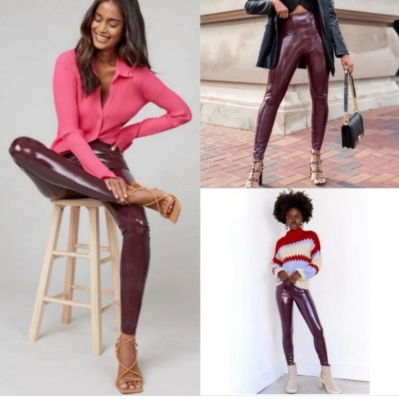 SPANXshape Faux Leather Patent Leggings Size Medium Ruby Burgundy Shiny - Picture 6 of 16